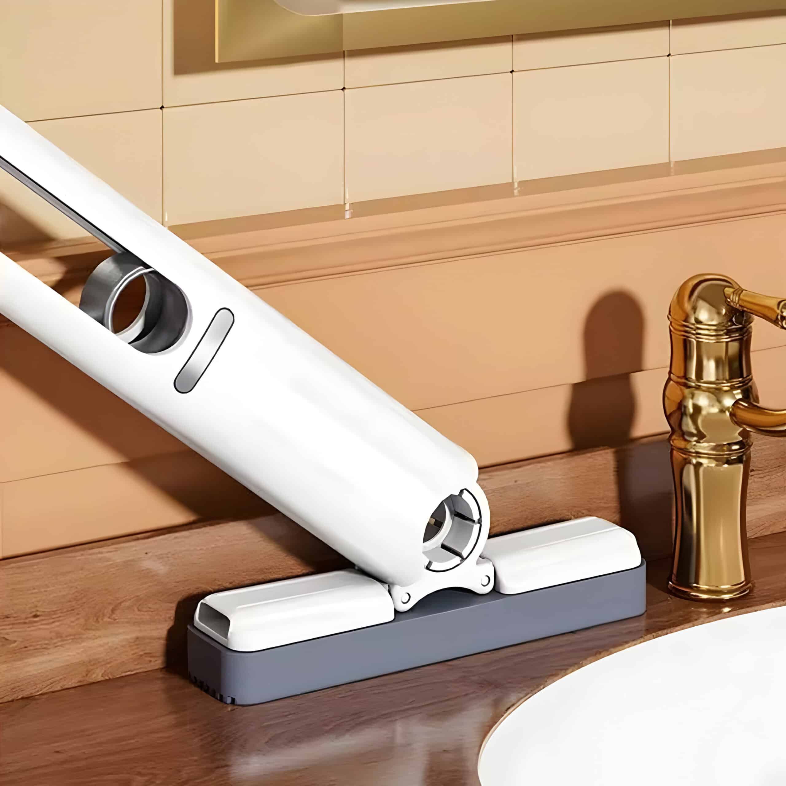 Cordless water flosser for dental hygiene, on wooden bathroom countertop with gold faucet, focusing on oral care and cleaning teeth, innovative dental device from Monalisa Store.