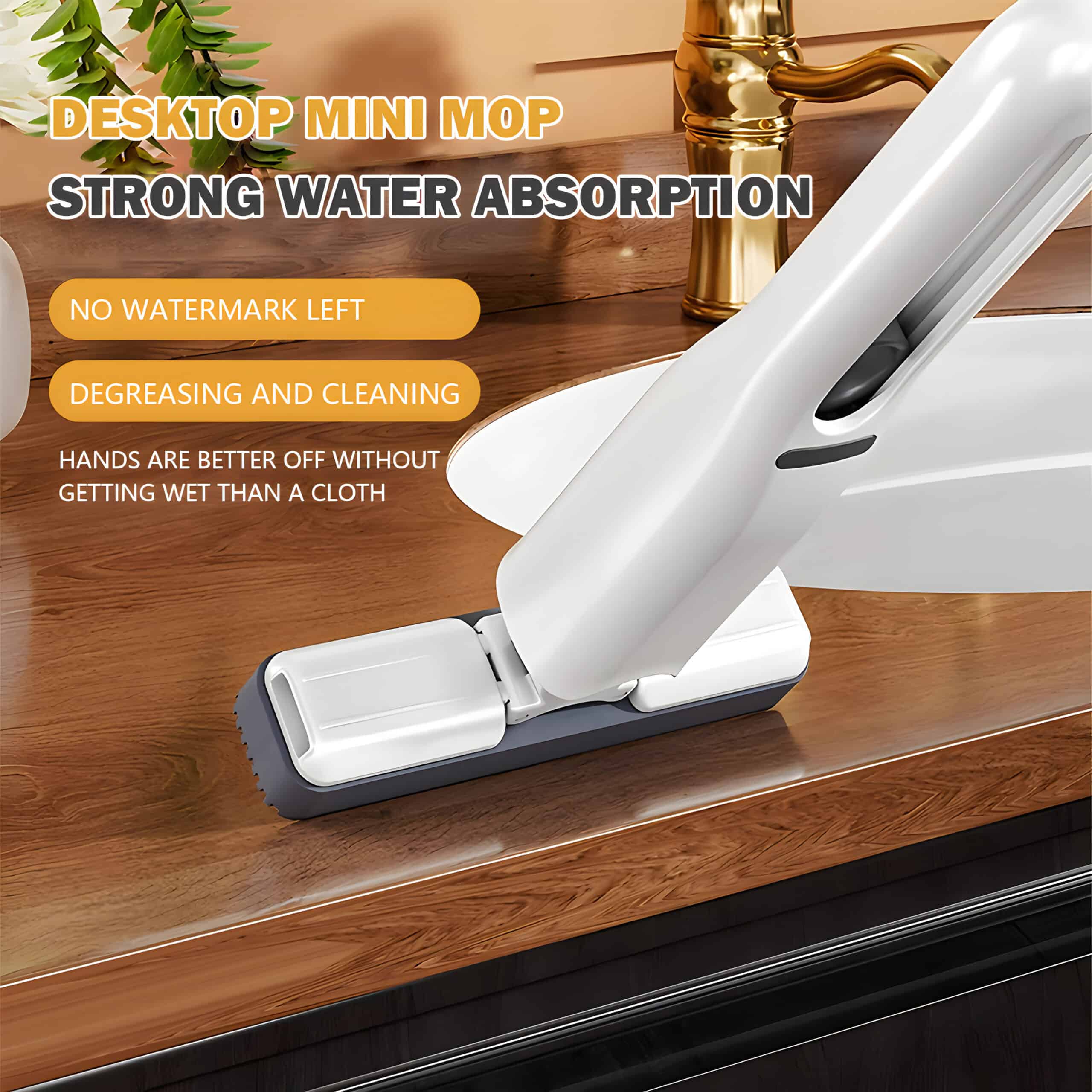 Vacuum cleaner on wooden countertop for cleaning, dry surface, modern home cleaning tool.