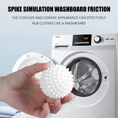 Microfiber washboard cleaning ball for laundry and skincare use, displayed near a modern washing machine on Monalisa Store website.