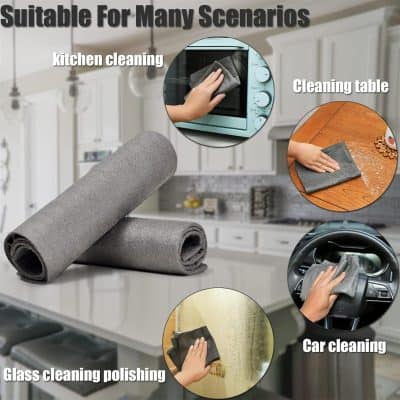 Soft microfiber cleaning cloths ideal for kitchen, car, glass polishing, and household cleaning tasks. Durable and versatile for multiple surfaces and scenarios.