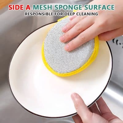 Mesh sponge side for deep cleaning on dishware, ideal for kitchen and household use. Durable, effective scrubbing surface to remove grime and grease efficiently.