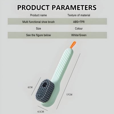 Multi-functional shoe brush with black bristles, 17cm long, 6cm wide, made of ABS+TPR material, ideal for cleaning shoes; features an orange handle loop for easy hanging.