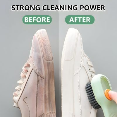 Cleaning sneakers with a brush to showcase the before and after results of strong cleaning power on the Monalisa Store website.
