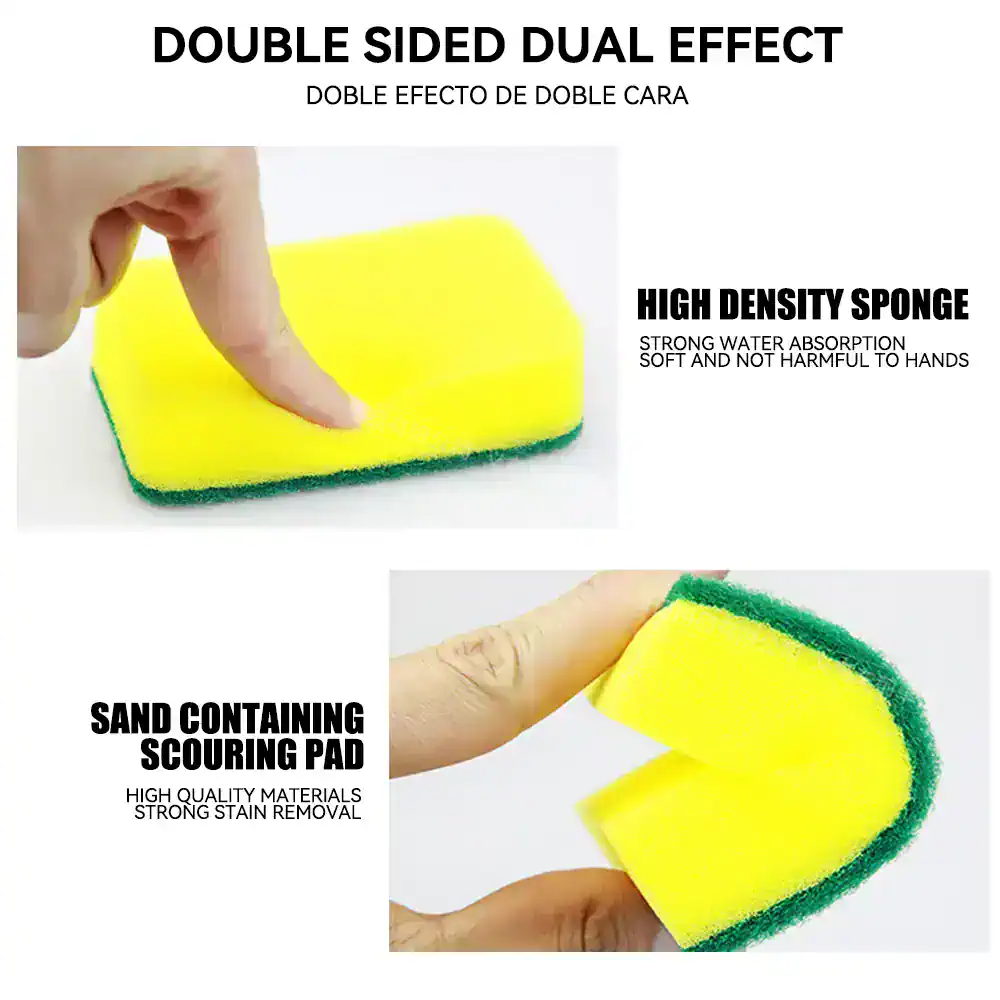 Yellow dual-sided cleaning sponge with high-density foam and abrasive scrub pad, ideal for kitchen and household cleaning, stain removal, and durable scrubbing; perfect for deep cleaning tasks.