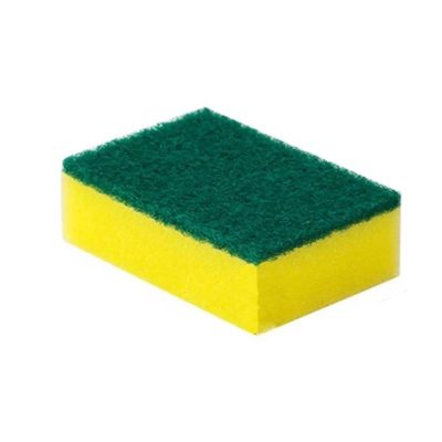 Yellow and green cleaning sponge for surface cleaning and scrubbing, ideal for kitchen and bathroom use.