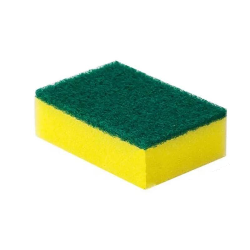 Yellow and green cleaning sponge for surface cleaning and scrubbing, ideal for kitchen and bathroom use.