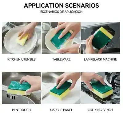 Cleaning sponge used on kitchen utensils, tableware, and appliances for kitchen cleaning and maintenance. Suitable for kitchen cleaning tasks including sinks, cookware, and countertops.
