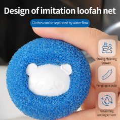 Soft blue imitation loofah mesh for effective cleaning, featuring a panda face design, water flow separation, and preventing entanglement, ideal for skincare and household use.