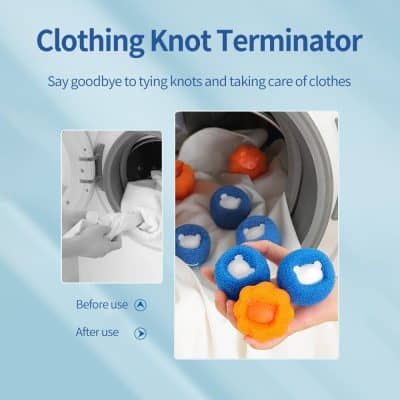 Brightly colored clothing knot removers shown inside a washing machine to demonstrate fabric care and convenience. Perfect for laundry solutions available at Monalisa Store, enhancing your laundry routine.