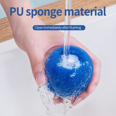 Blue PU sponge material used for cleaning and scrubbing, shown being rinsed under water, ideal for skincare and beauty routines.