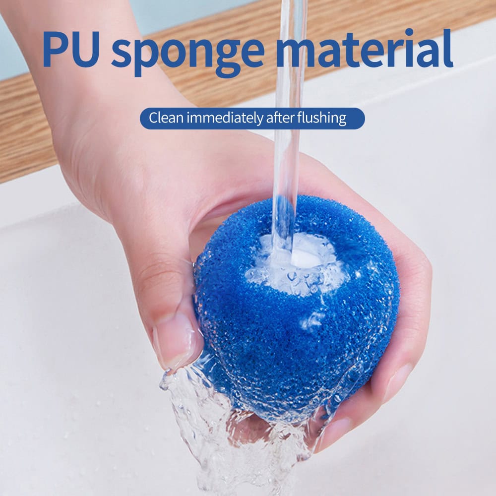 Blue PU sponge material used for cleaning and scrubbing, shown being rinsed under water, ideal for skincare and beauty routines.