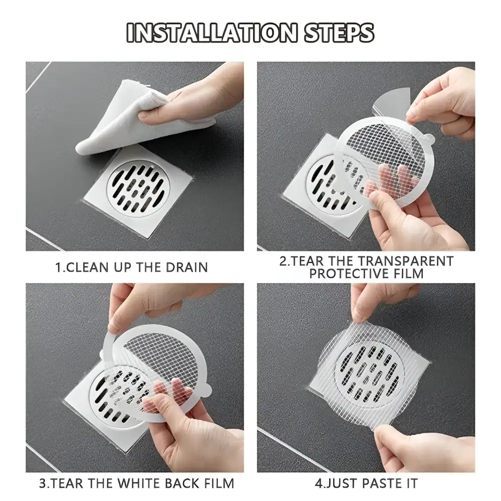 Efficient drain cover installation guide for Monalisa Store, featuring step-by-step instructions for cleaning, protective film removal, and installation of drain filters to ensure optimal bathroom hygiene.