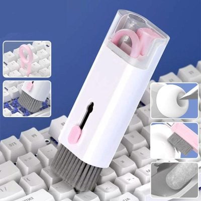 Clear screen keyboard cleaner with soft brush, dust remover, and cleaning pen for electronic devices, suitable for computers, keyboards, and gadgets.