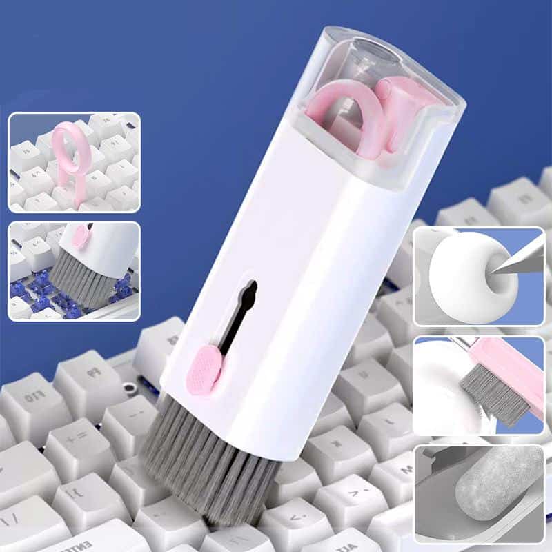 Clear screen keyboard cleaner with soft brush, dust remover, and cleaning pen for electronic devices, suitable for computers, keyboards, and gadgets.