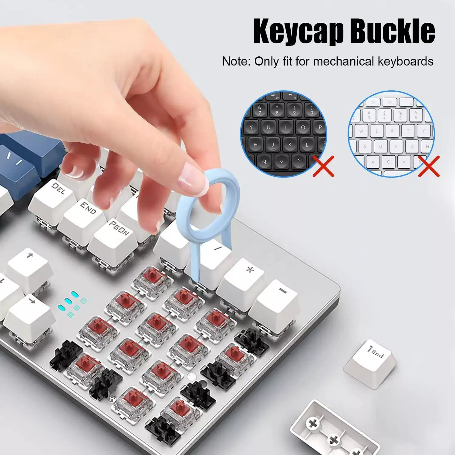 Keycap buckle for mechanical keyboards, compatible with most models, easy to install, prevents keycap slipping, and enhances keyboard stability and durability.