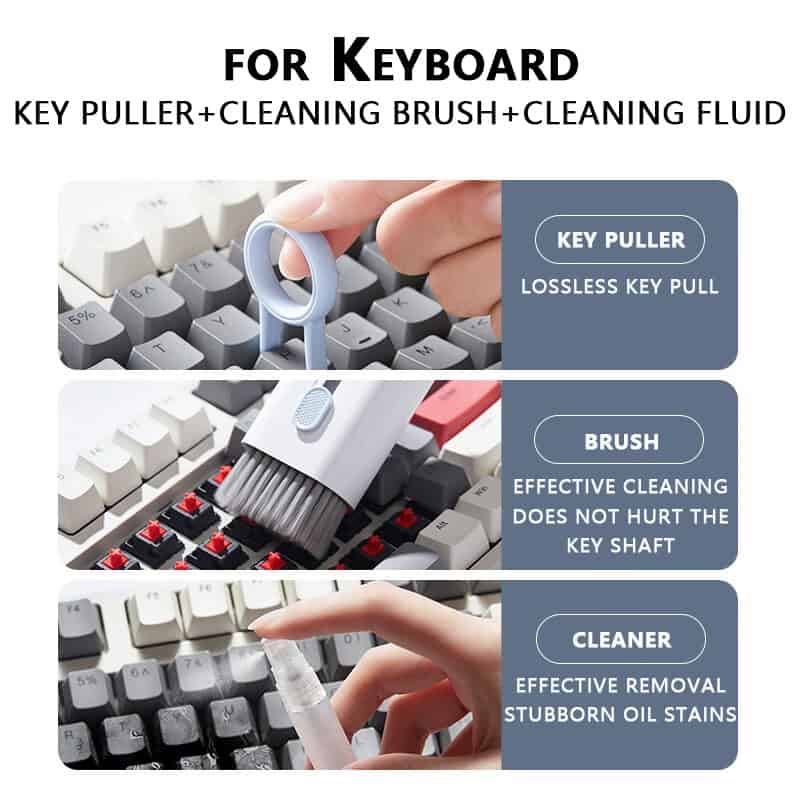 Micro keyboard cleaning tools for digital keyboard maintenance, including key puller, brush, and cleaning fluid for effective cleaning and oil stain removal.