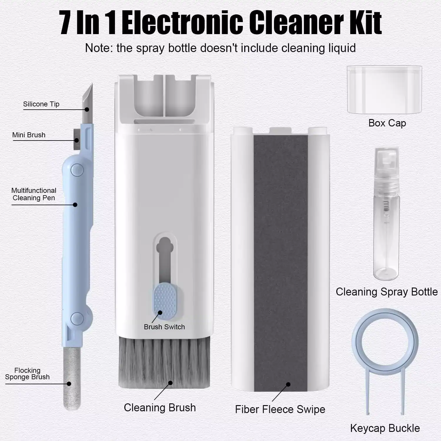Disposable electronic cleaning kit components for skincare devices, including brushes, spray bottles, and accessories. Ideal for maintaining the hygiene and performance of facial cleansing equipment.