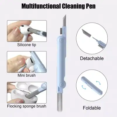 Silicone tip multifunctional cleaning pen with detachable blade, mini brush, and flocking sponge brush for precise and versatile cleaning of personal care tools and accessories.