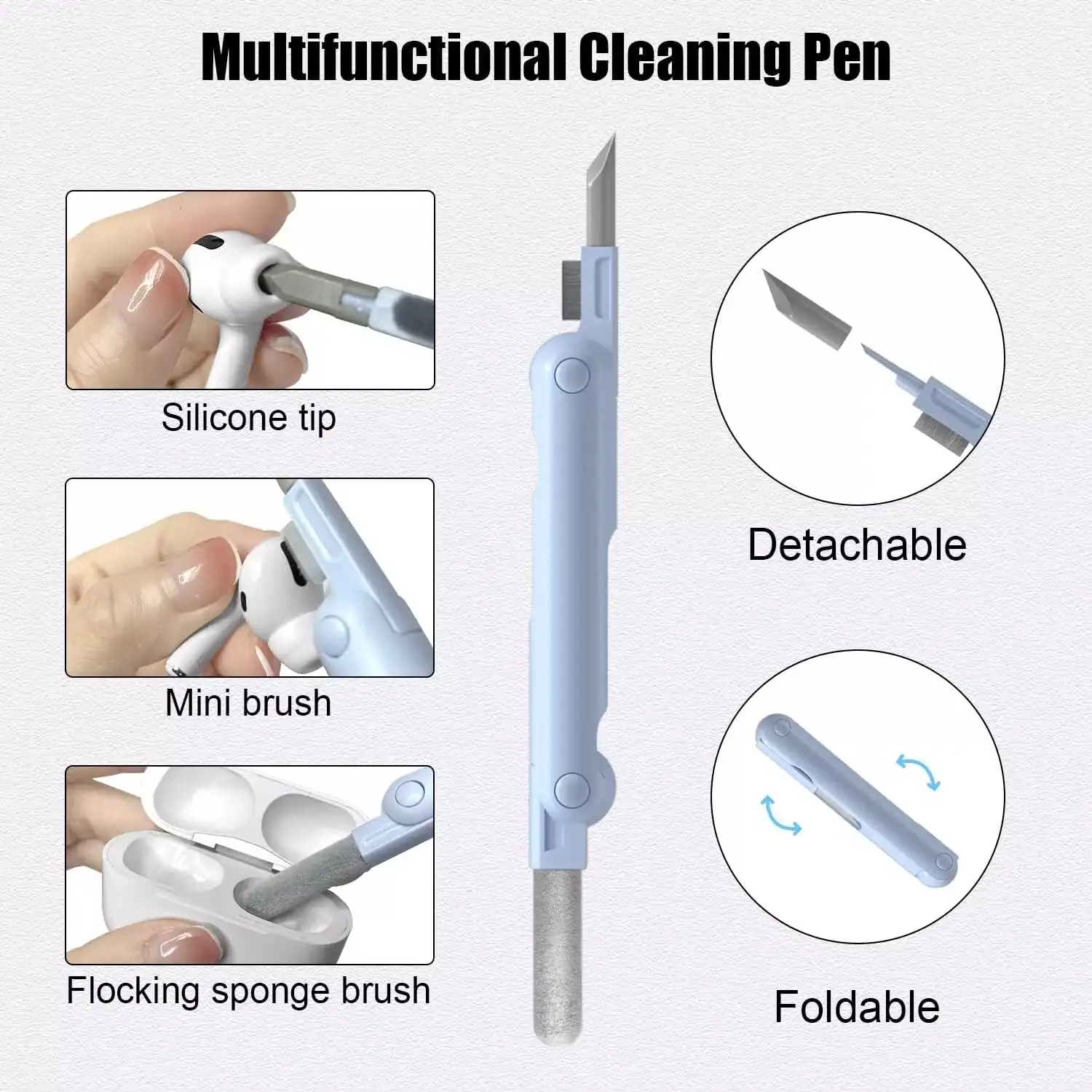 Silicone tip multifunctional cleaning pen with detachable blade, mini brush, and flocking sponge brush for precise and versatile cleaning of personal care tools and accessories.