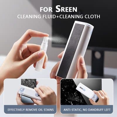 Cleaning fluid spray for screen cleaning and anti-static wiping device for electronic devices and screens.