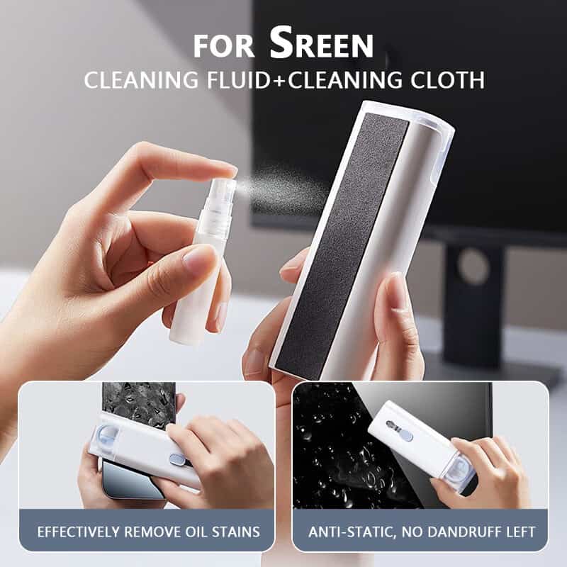 Cleaning fluid spray for screen cleaning and anti-static wiping device for electronic devices and screens.