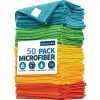 Blue microfiber cleaning cloths, multi-color stack, 50-pack, ultra-durable, fast-drying, super-absorbent, scratch-free, perfect for cleaning and dusting, 11.5 x 11.5 inches, versatile for household and commercial use.