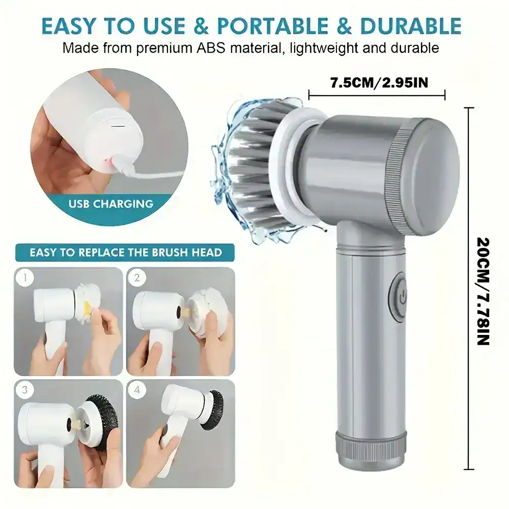Microfiber facial cleansing brush with replaceable brush head, portable skincare tool, USB rechargeable, made of durable ABS material, 7.5cm by 20cm size for easy travel and everyday use.