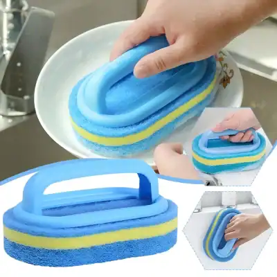 Blue cleaning sponge with ergonomic handle for easy scrubbing and cleaning, ideal for kitchen, bathroom, and household use. Durable and lightweight, perfect for maintaining hygiene.