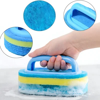Blue cleaning sponge with ergonomic handle for easy scrubbing and versatile use, ideal for kitchen and household cleaning tasks.