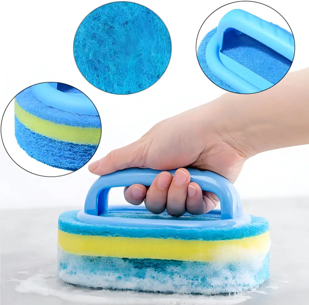 Blue cleaning sponge with ergonomic handle for easy scrubbing and versatile use, ideal for kitchen and household cleaning tasks.