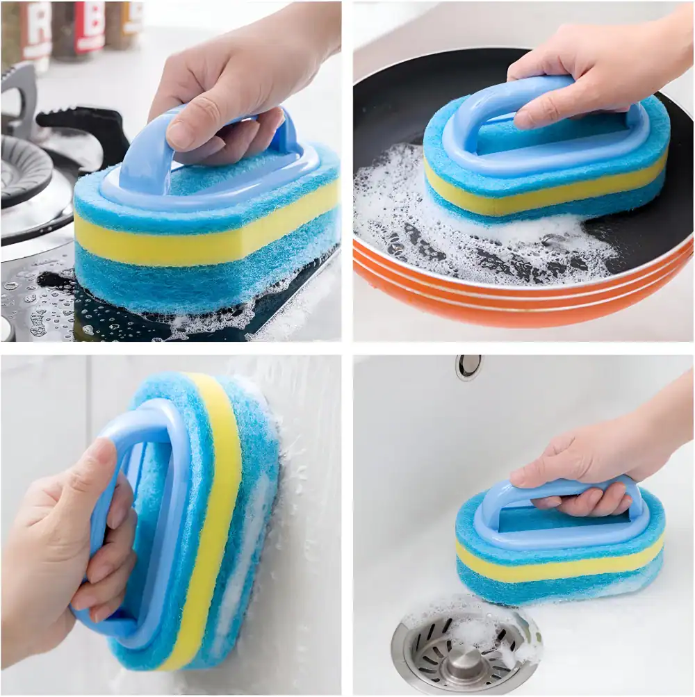 Bright blue, yellow, and white cleaning sponge with handle for kitchen sink scrubbing and dishwashing.