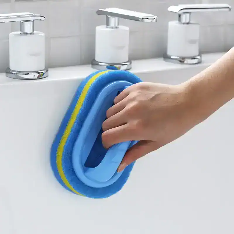 Blue microfiber cleaning pad for sink and bathroom cleaning.