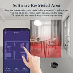 Efficient robot vacuum cleaner navigating a home with software-restricted area feature for targeted cleaning.