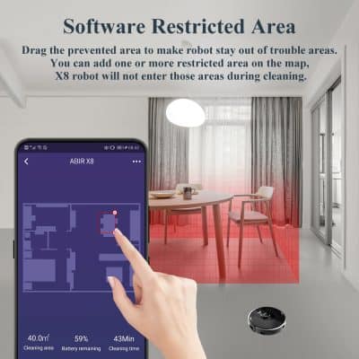 Efficient robot vacuum cleaner navigating a home with software-restricted area feature for targeted cleaning.