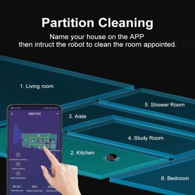 Efficient robot vacuum cleaner navigating through a modern home with labeled rooms for optimal cleaning.
