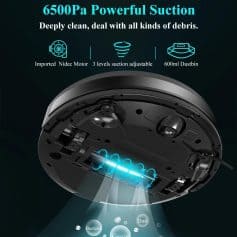 High-power vacuum cleaning robot with 650Pa suction, advanced dustbin, adjustable suction levels, imported Nidec motor, and deep debris cleaning for home and commercial use.