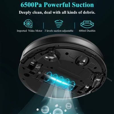 High-power vacuum cleaning robot with 650Pa suction, advanced dustbin, adjustable suction levels, imported Nidec motor, and deep debris cleaning for home and commercial use.