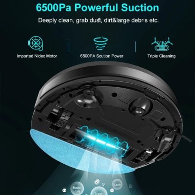 High-efficiency robotic vacuum cleaner with 6500Pa powerful suction, triple cleaning system, and imported Nidec motor for deep dust, dirt, and debris removal, ideal for allergy and pet owners.