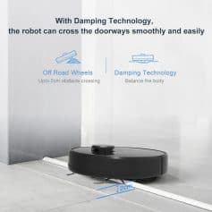 Automatic robot vacuum cleaner navigating doorways using damping technology for seamless crossovers, with off-road wheel capability for obstacles up to 2cm high, ideal for smart home cleaning solutions.