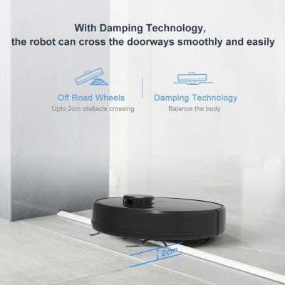 Automatic robot vacuum cleaner navigating doorways using damping technology for seamless crossovers, with off-road wheel capability for obstacles up to 2cm high, ideal for smart home cleaning solutions.