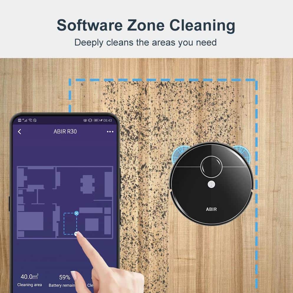 Compact robot vacuum cleaner navigating a cleaning map on a smartphone app with wooden floor background.