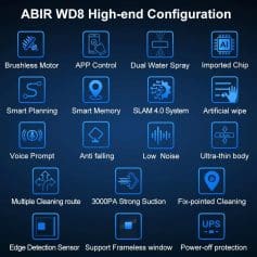 High-end ABIR WD8 vacuum cleaner configuration with brushless motor, app control, dual water spray, imported chip, smart planning, AI features, and powerful suction for optimal cleaning.