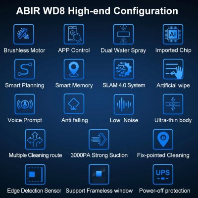 High-end ABIR WD8 vacuum cleaner configuration with brushless motor, app control, dual water spray, imported chip, smart planning, AI features, and powerful suction for optimal cleaning.
