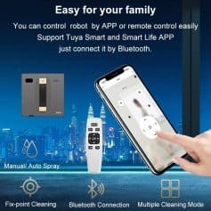 Control smart home robot via mobile app with Bluetooth connectivity for easy family automation, compatible with Tuya Smart and Smart Life app, featuring manual and auto spray modes, fix-point cleaning, and multiple cleaning modes for home convenience.