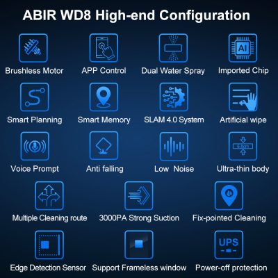 High-end ABIR WD8 configuration featuring brushless motor, app control, dual water spray, imported chip, smart planning, smart memory, SLAM 4.0 system, artificial wipe, voice prompt, anti-falling, low noise, ultra-thin body, multiple cleaning routes, powerful suction, fix-point cleaning, edge detection sensor, support frameless window, power-off protection.