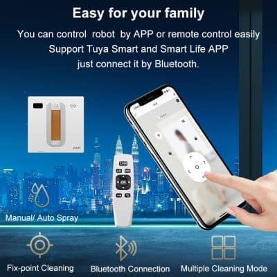 Advanced smart cleaning robot with Bluetooth control, manual and auto spray modes, perfect for family home cleaning. Compatible with Tuya Smart app, featuring fix-point cleaning and multiple modes.