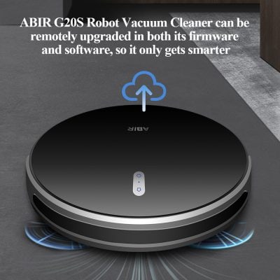 Robot vacuum cleaner with cloud update icon, showcasing smart home cleaning technology.