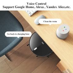 Voice control smart robot vacuum cleaner supporting Google Home, Alexa, Yandex Alice for home automation and cleaning management.