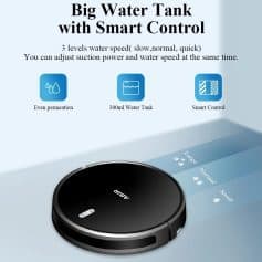 Water tank robot vacuum cleaner with smart water control, 300ml capacity, and adjustable water spray for cleaning floors efficiently.