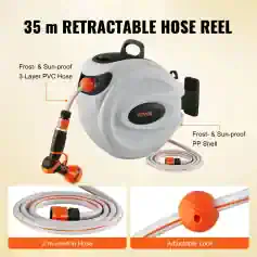 35m retractable hose reel for medical use with frost- and sun-proof 3-layer PVC hose. Perfect for hygiene and durability in optometry and medical clinics, featuring an adjustable lock for secure storage.